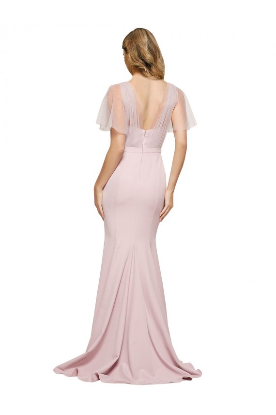 Discount Stretch Crepe & Tulle Sheath Short Sleeves Long Low Back Formal Dress