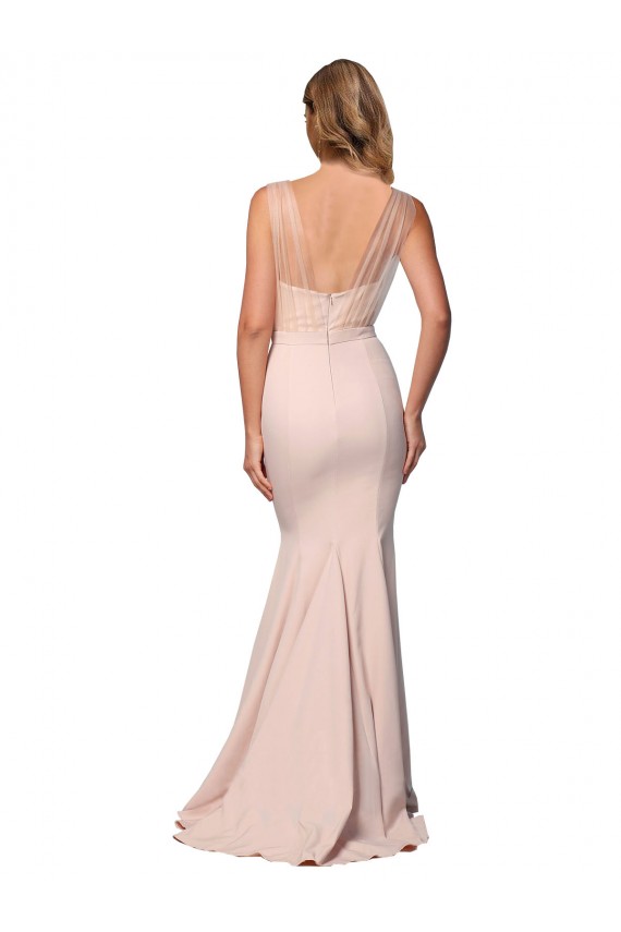 Discount Stretch Crepe & Tulle Sheath Long Sleeveless Low Back Formal Dress