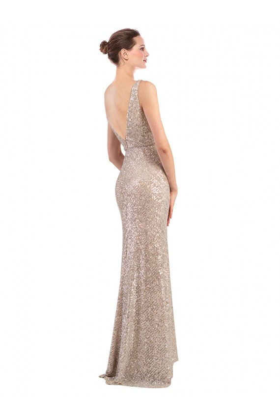Discount Sequin & Sparkling Sequin Sheath Long Sleeveless Low Back Formal Dress