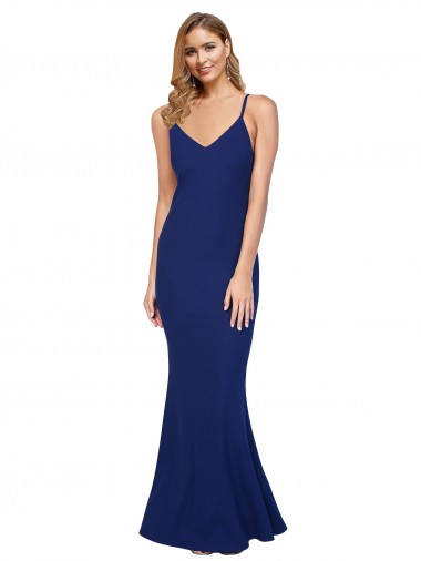 Discount Stretch Crepe Sheath Long Sleeveless Royal Blue Low Back Formal Dress