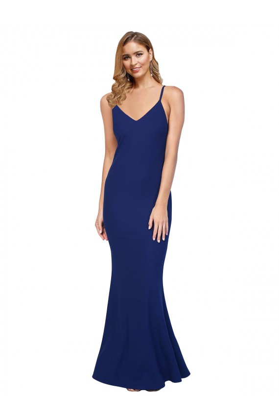 Discount Stretch Crepe Sheath Long Sleeveless Royal Blue Low Back Formal Dress