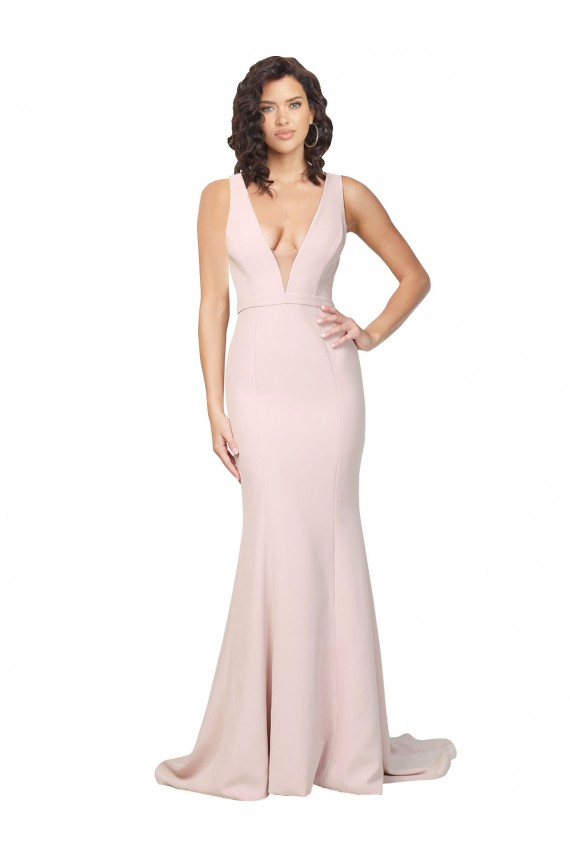 Discount Stretch Crepe Sheath Sweep Train Sleeveless V-Back Black Tie Formal Dress