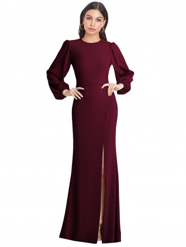 Discount Stretch Crepe Trumpet Long Puff Sleeves Open Back Formal Dress