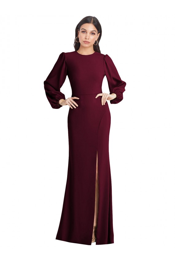 Discount Stretch Crepe Trumpet Long Puff Sleeves Open Back Formal Dress