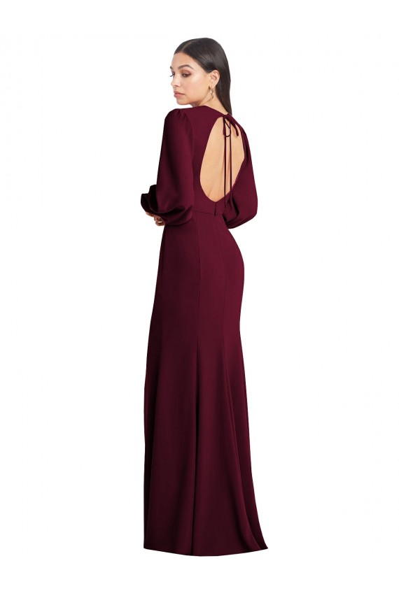 Discount Stretch Crepe Trumpet Long Puff Sleeves Open Back Formal Dress