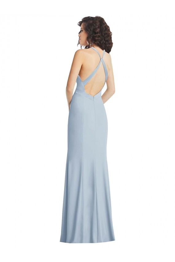 Discount Stretch Crepe Trumpet Long Sleeveless Criss Cross Back Light Sky Blue Formal Dress